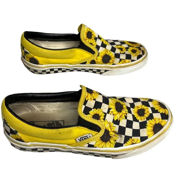 Vans Womens Yellow Sunflower Asher Slip On Checkered Sneakers Size 7 - Picture 2 of 10